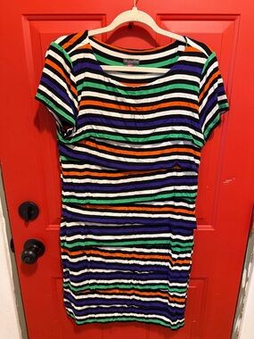 Vince Camuto Black, White, Green, Purple, Orange Striped Short Sleeve Dress